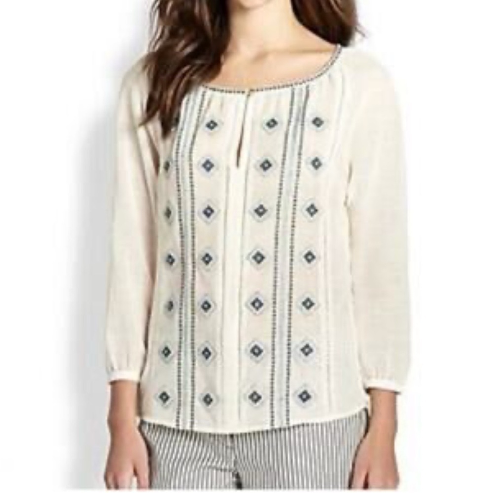 Tory Burch Lucille Top Embroidered Panel Cotton/Linen Blend - Ivory
